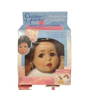 Vtg 1995 Fibre Craft Doll Porcelain Head & Hands Set W/Pattern Brown Eyes